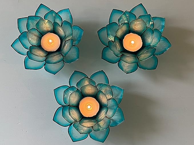 Om Gallery Capiz Shell Lotus Flower Decor Tealight Candle Holder for Serene Ambiance - Handmade Decorative Candle Holders for Meditation, Yoga, and Relaxation, Cool Water