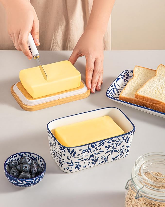 vancasso SELENE Butter Dish with Lid, 6.5" Large Butter Dish for Countertop, Ceramic Butter Keeper Container with Knife and Bamboo Lid, Delicate Floral Pattern
