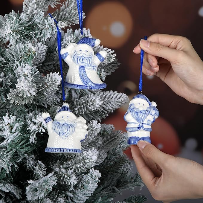 3 Pieces New Year Chinoiserie Ornaments Blue and White Porcelain Ornaments Ceramic Hanging Pendants Chinoiserie Decorations for Tree Wreaths Mantel Decor