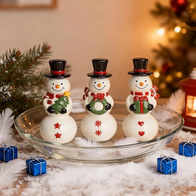 NEROSUN Christmas Snowman Figurines, Set of 3 Ceramic Cute Snowman Ornaments Christmas Decorations, Winter Table Centerpiece for Indoor Cabinet Mantel Fireplace Holiday Xmas Decor