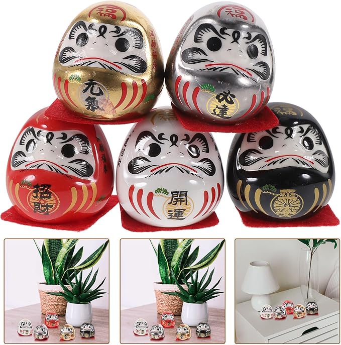 Japanese Ceramic Tumbler Figurines Set of 5 Mini Traditional Lucky Car Interior Decor for Home and Office Gold Plated