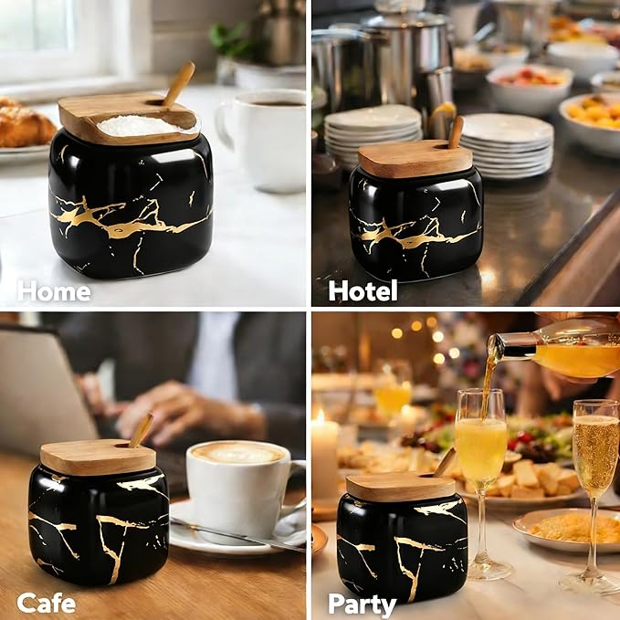 Marble Ceramics Sugar Bowl Ceramic Seasoning Box Ceramic Spice Jars Porcelain Condiment Pots with Lid and Spoon (Black)