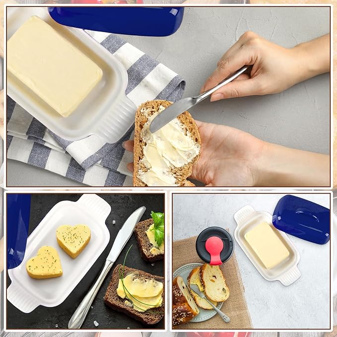 Qinyoung Ceramic Butter Dish with Lid for Countertop Extra Large Elegant Butter Dish Tray with Handle Durable Heavyweight Glazed Ceramic Kitchen Container Keeper Non-slip Base Minimalist(Blue)