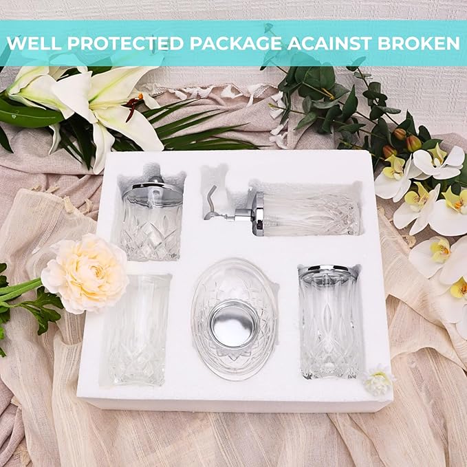 Bathroom Accessories Set,5 Pcs Clear Glass Bathroom Accessory Set,Complete Lotion Soap Dispenser,Toothbrush Holder,Soap Dish,Tumbler & Jar,Modern Bathroom Decor Sets Gift,Round