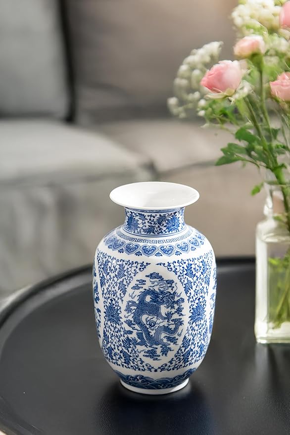 Blue and White Vase, Chinoiserie Porcelain for Living Room Shelf, Entryway Decor & Blue and White Home Centerpiece, Blue Vases Home Décor,11" H
