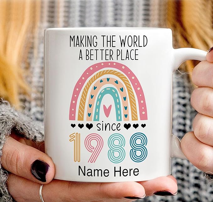 PREZZY Vintage 35th Birthday Mug Gifts for Women Men Making the World a Better Place Since 1988 Boho Rainbow Turning 35 Years Old Birthday Decorations Personalized Mugs Novelty Coffee Cup 11oz 15oz