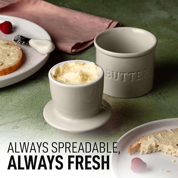 Zulay Kitchen Bell Shaped Butter Crock with Lid for Countertop with Water Line & Spreader Knife, Ceramic French Butter Dish Keeper For Fresh, Soft & Spreadable Butter - Stone Gray