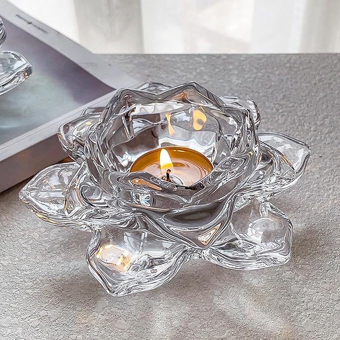 Crystal Glass Lotus Candle Holders, Crystal Tealight Candle Holders, Votive Candle Holder for Home Decor, Wedding &Party, Set of 15