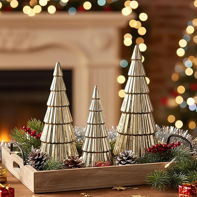 Wesiti 3 Pieces Gold Ceramic Christmas Tree Figurines Tabletop Small Decorative Xmas Tree Desktop 6.3" & 8.1" & 10.2" Tall Holiday Table Centerpieces for Office Home Mantle Shelf Cabinet Decor Indoor