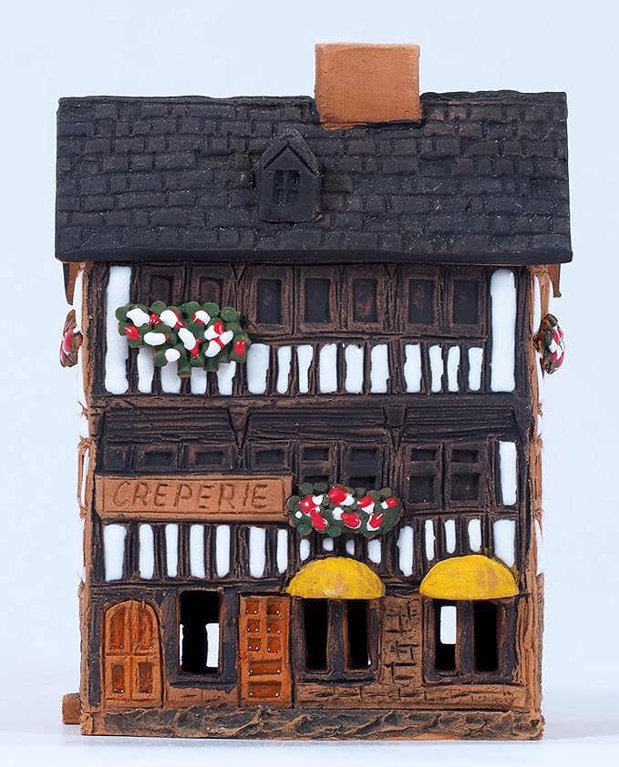 Ceramic Houses and Villages Collection - Collectible Handmade House Miniature of Creperie in Mont St. Michel, France - Cone Incense Holder R325