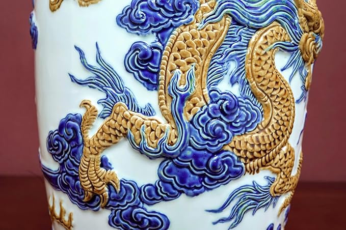 HERITAGE T&T Dragon Flower Ceramic Altar Vase Pair – Bat Trang Handmade Blue & White Vase Set – Buddhist Temple Flower Vase – Asian Home Decor – 1 Pair (2 Vases) - Blue & Yellow Glaze- 30 cm (11.8 in)