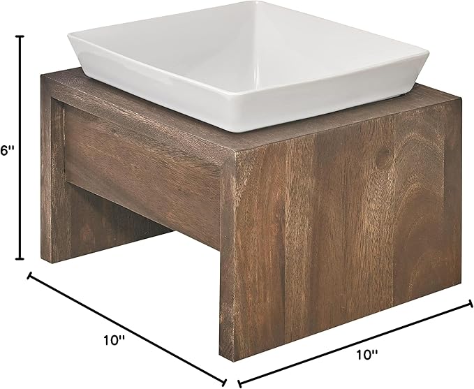 Bowsers Artisan Diner Single Dog Feeder - Handcrafted Rubberwood Frame with Square Ceramic Bowl Feeder for Dogs - Walnut, Medium, 10” x 10” x 6