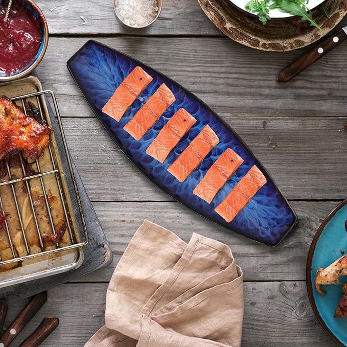 Cabilock Japanese Fish Plate 14.37 Inch Ceramic Sashimi Serving Platter Long Boat Shape Cold Dish Dessert Tray for Home Kitchen and Restaurant Use