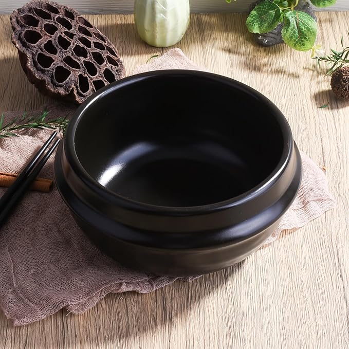 Ceramic Stone Bowl, 6.57 Inch Black Porcelain Dolsot Bowl, Korean Style Bibimbap Bowl for Rice, Soup & Stew, Microwave and Dishwasher Friendly, Heat-Resistant Serving Bowl