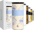 Elemental Artisan Insulated Tumbler, Triple Wall Coffee Travel Mug, Reusable Stainless Steel Coffee Tumbler with Ceramic Lid, Thermal Coffee Cups for Hot (6 Hrs) & Cold (18 Hrs), 16oz - Blue Blooms