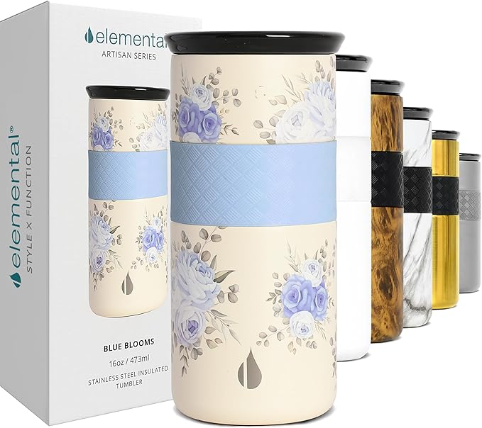 Elemental Artisan Insulated Tumbler, Triple Wall Coffee Travel Mug, Reusable Stainless Steel Coffee Tumbler with Ceramic Lid, Thermal Coffee Cups for Hot (6 Hrs) & Cold (18 Hrs), 16oz - Blue Blooms