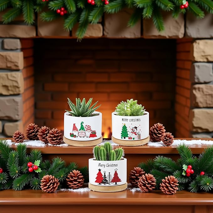 Ceramic Plant Pots,Funny Gifts for Women,for House Plants Garden Planters Succulent Pots, with Drainage Holes (White-Christmas)
