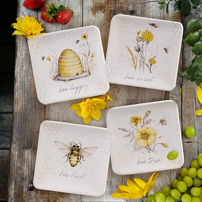 Bee Sweet 6" Canapé & Luncheon Plates, Set of 4 – Assorted Bee & Floral Designs with Uplifting Sayings, Durable Ceramic Appetizer Plates for Spring Entertaining & Cottagecore Décor |(Pack of 3)