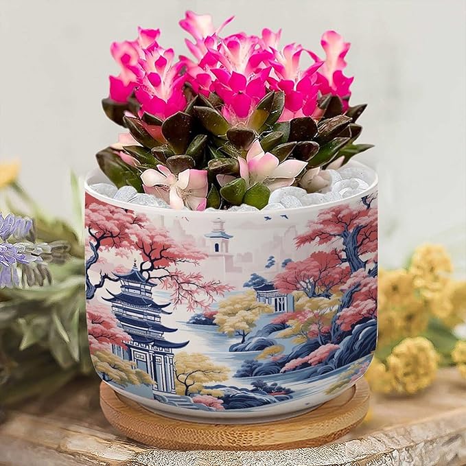 Blue Asia Tiered Tower Coral Pink Flower Small Planters for Succulents Set of 1 Chinoiserie Garden Scenery Ceramics Planters for Indoor Plants Chinoiserie Asian Succulents Plant Pot