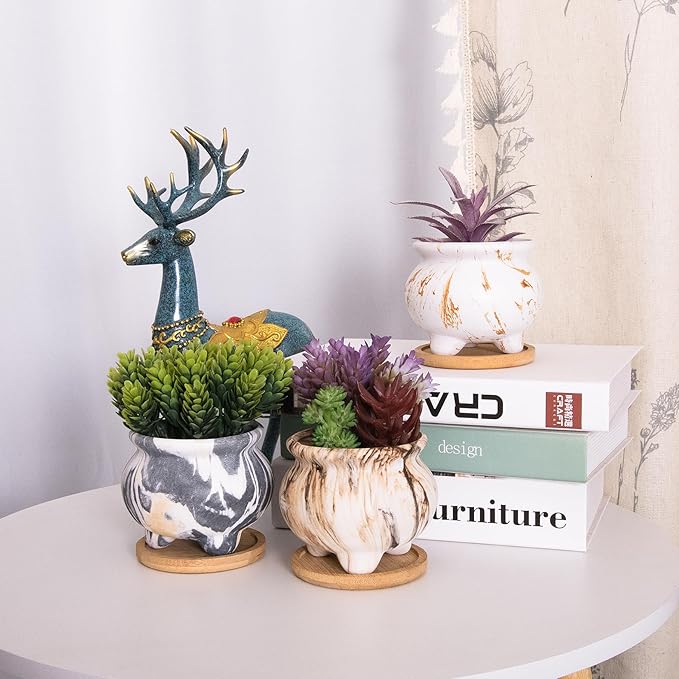 ARTKETTY Succulent Pots - 3.8 Inch Marble Plant Pot with Drainage Trays Set of 6, Small Ceramic Pots for Indoor Cactus Flower Plants Decorative Garden Home Office