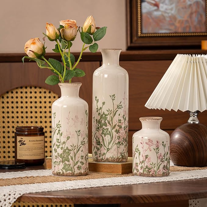 Vintage Floral Pitcher Vase with Handle, Ceramic Farmhouse Flower Vase French Country Decor, Rustic Table Centerpiece, Grand Millennial Tuscan Home Decor for Living Room, Bookshelf (Pink-008)