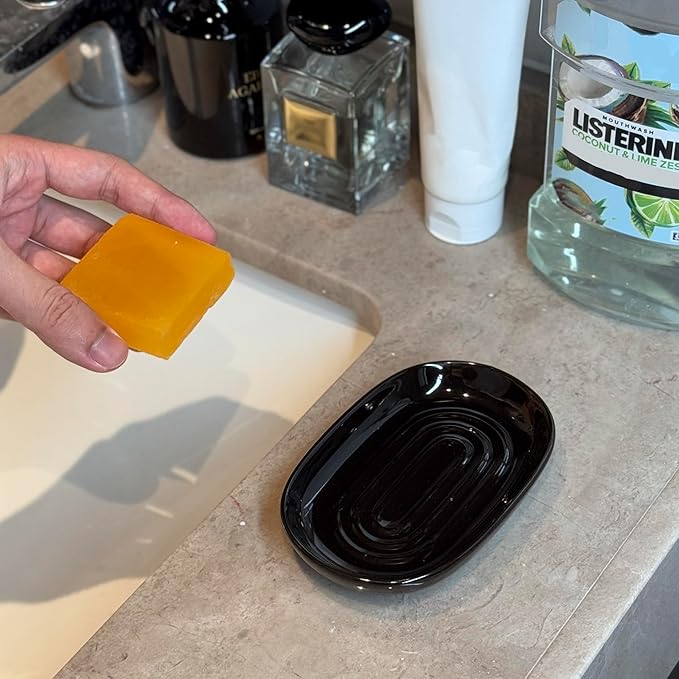 Soap Dish, Ceramic Soap Dish with Marble PatternShower, Soap Saver Tray for Bathroom, Kitchen Sink & Vanity, Multi-Use Holder for Jewelry, Rings, Keys (2 Pack, Black)