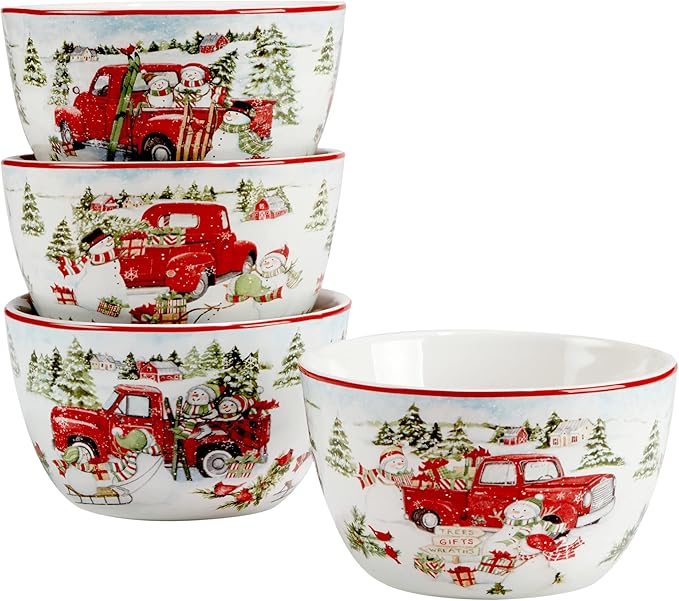 Red Truck Snowman 16pc Ceramic Dinnerware Set, Service for 4 – Bring holiday cheer to every meal with festive red trucks, snowmen, and trees, perfect for holiday gatherings and winter entertaining