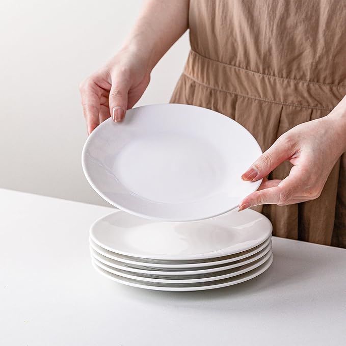 White Salad Plates Set of 6, 7.5 Inch Ceramic Plates – White Porcelain Appetizer & Dessert Plates for Kitchen, Salad, Snack & Everyday Use, Microwave & Dishwasher Safe