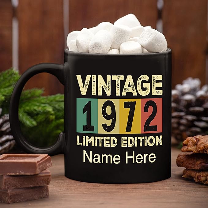 PREZZY Vintage 1972 Limited Edition 51st Birthday Decorations Personalized Gifts for Women Men Mothers Day Fathers Day Gift 51 Year Old Birthday Mug Customized Name Ceramic Black Tea Cup 11oz 15oz