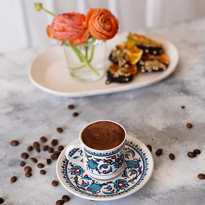 Turkish Coffee Cups Set of 2 with Saucers and Cup Holder, Ceramic Espresso Cups, Perfect for Serving Arabic Coffee – White & Blue Pattern