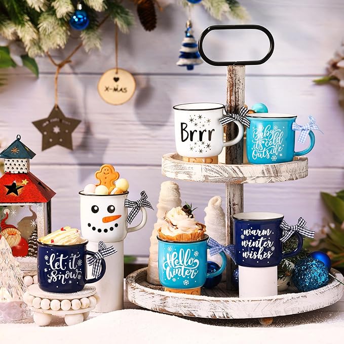 Hello Winter Snowman Mini Coffee Mugs Set of 6 Let It Snow Snowflake Mini Cups Tiered Tray Decor for Xmas Winter Holiday Kitchen Coffee Bar Decorations Housewarming Gift