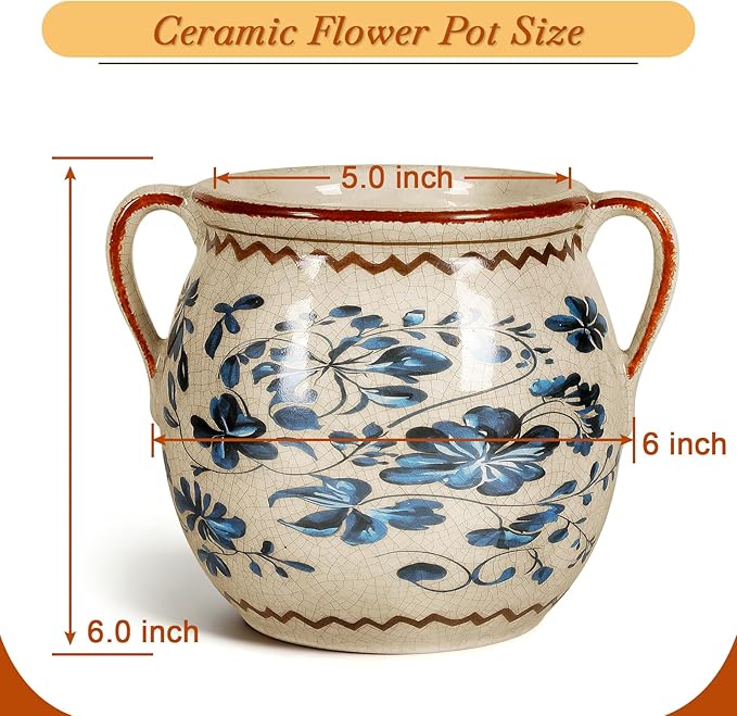 BUYMAX Ceramic Plant Pots for Indoor Plants with Drainage Hole, Vintage Crackle Glaze Hand-Painted Blue Flower Planter with Handles, Small Decorative Hanging Planter