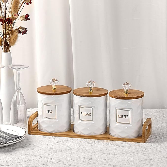 JUXYES Set of 3 Ceramic Canisters Set for Sugar Coffee Tea With Handle Tray, Luxurious Storage Containers Sets with Lids Decorative Storage Pots White Ceramic Storage Jar for Kitchen Dining Counter