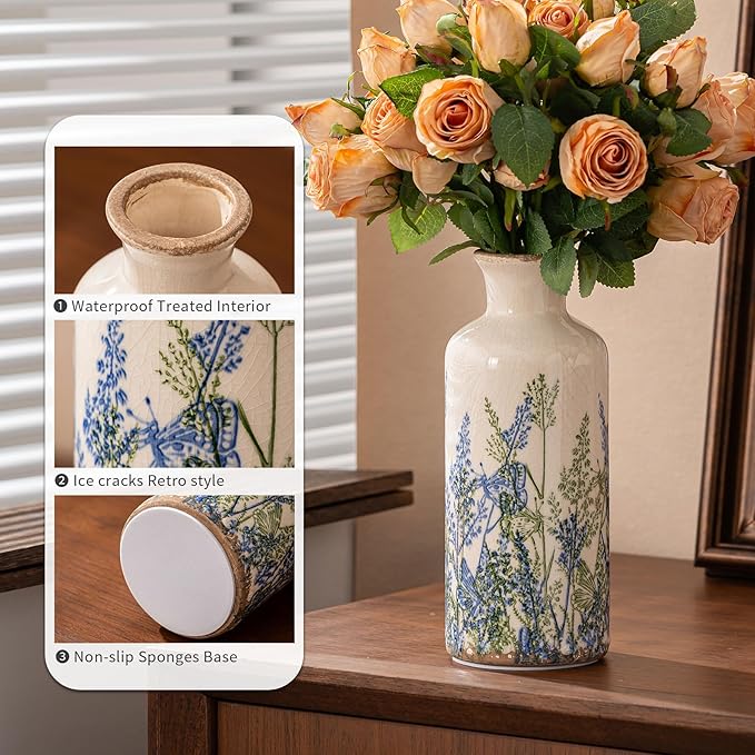 Vintage Floral Pitcher Vase with Handle, Ceramic Farmhouse Flower Vase French Country Decor, Rustic Table Centerpiece, Grand Millennial Tuscan Home Decor for Living Room, Bookshelf (Blue-007)