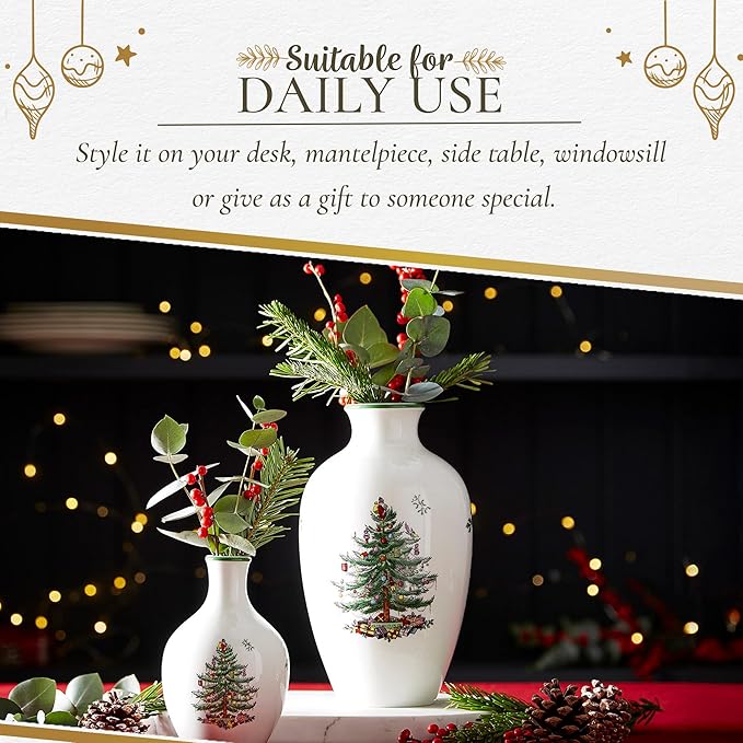 Spode Christmas Tree 10" Posy Vase - Elegant Ceramic Flower Vase, Holiday Centerpiece for Floral Arrangements & Home Decor - Beautiful Handcrafted Accent for Festive Decorations (Pack of 2)