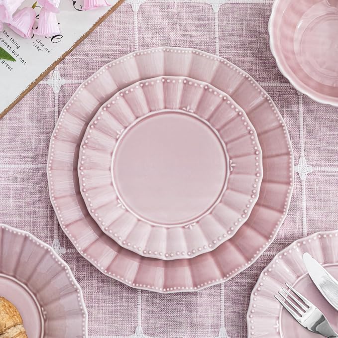 HOMBENE Dessert Plates 8 Inches Set for 6 Ceramic Serving Plates, Wavy Style, Plates for Cake Waffles, Snacks, Pasta, Noodle,Dinner, Microwave & Dishwasher Safe (Dreamy Sakura Pink)