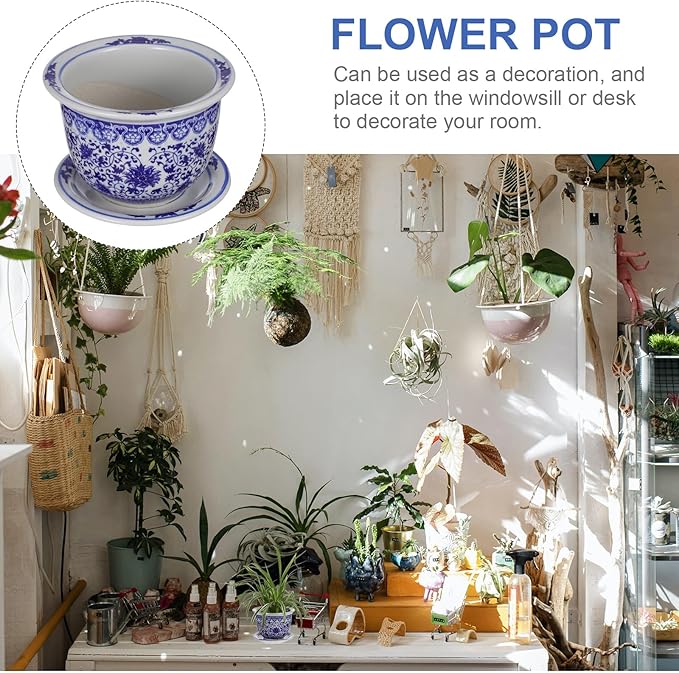 DOITOOL Blue and White Ceramic Planter Pot Chinese Ceramic Flower Pots Oriental Planter Decorative Succulent Plant Pot with Trays for Balcony Yard Home Decoration
