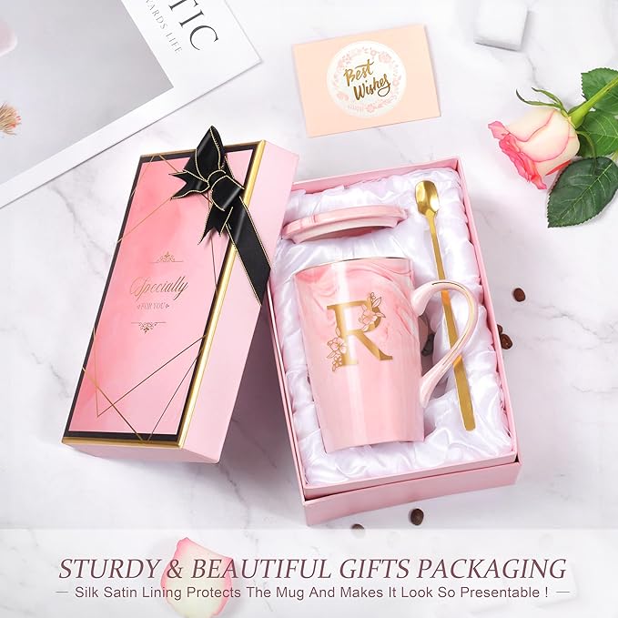Coffee Mugs - Birthday Gifts for Women, Personalized Initial Customized Mug Tea Cup with Lid 14 Oz Pink, Spoon Greeting Card, Luxury Gift-Boxed Christmas Gift for Her Wife Mom Grandma Friend Unique,R