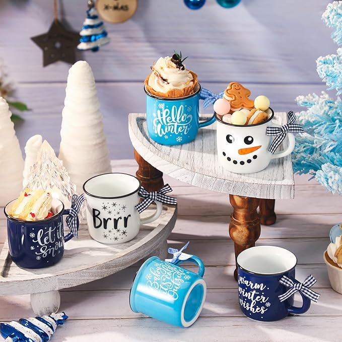 Hello Winter Snowman Mini Coffee Mugs Set of 6 Let It Snow Snowflake Mini Cups Tiered Tray Decor for Xmas Winter Holiday Kitchen Coffee Bar Decorations Housewarming Gift