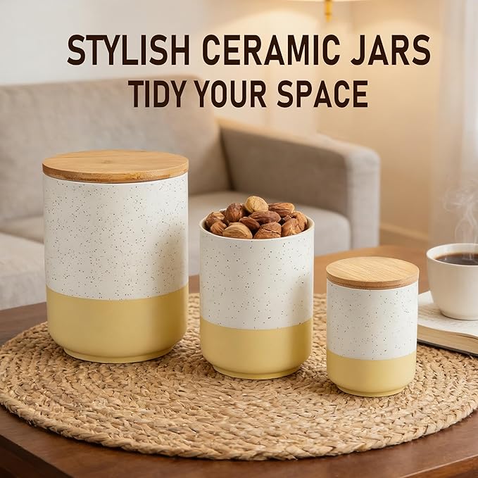 ARTONUSA 3-Pack Ceramic Kitchen Canister Set with Airtight Wood Lids, Food Storage Jars for Countertop (75oz/39oz/20oz, White)