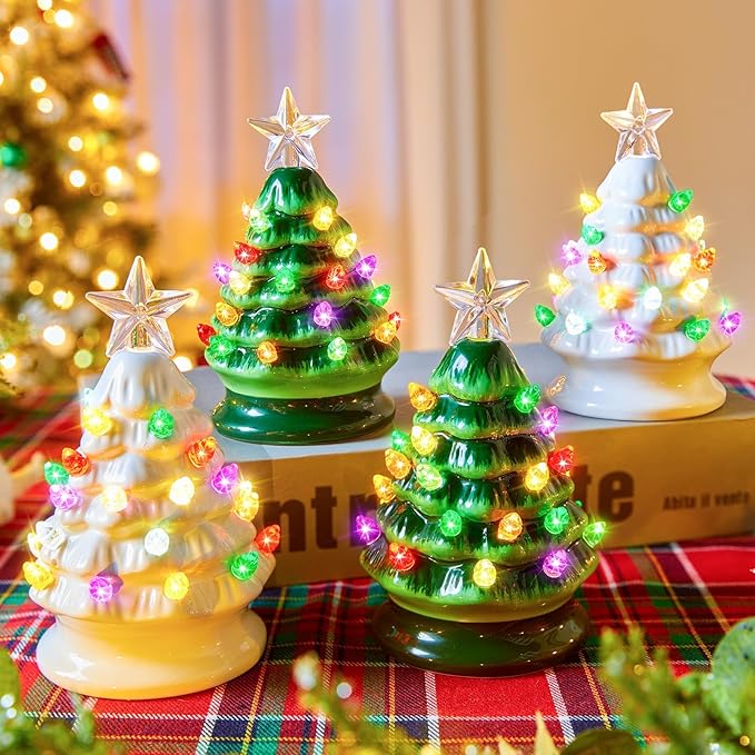 5 Inch Mini Ceramic Christmas Tree Set - 4 Pack Pre-lit Tabletop Christmas Tree with Multicolored LED Lights, Battery Operated Small Lighted Tree for Home Office Table Holiday Decorations