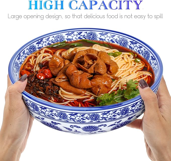 Kichvoe Blue and White Porcelain Bowl 8 Inch Oversize Chinoiserie Noodle Bowl Asian Serving Soup Large Ceramic Ramen for Home and Restaurant