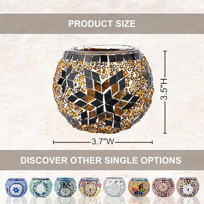 KAFTHAN Mosaic Glass Large Single Candle Holder - Round Bowl, Plant Pot, Votive Candle Holder - Decorative Vase & Unique Table Centerpiece for Wedding, Ball & Home - (3.7" x 3.5", Ecru Star)