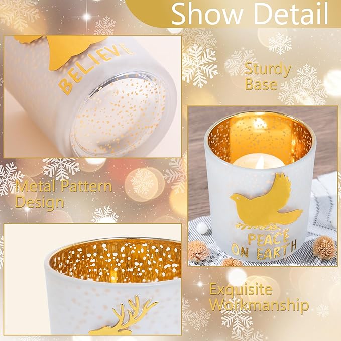 Rancco Votive Candle Holders, Christmas Gold Silver Glass Tea Light Candle Holder Set of 3 with Elk, Angel, Peace Dove, Candle Holder for Christmas Table Centerpieces, Birthday, Home Tea Party Decor