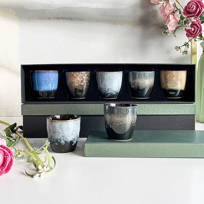 Rubdub Ceramic Japanese Tea Cup, 5.07oz/ 150 ml Chinese Tea Cup, Tea Cups no Handles, Teacup in Gift Box, Ceramic Mate Cup Set of 5