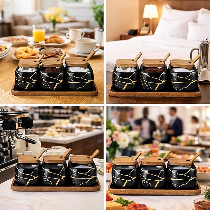 Ceramic Spice Jars Porcelain Condiment Jars Set Marble Ceramic Seasoning Box 3pcs Condiment Pots for salt, sugar, pepper Kitchen Ceramic Seasoning Condiment Jar Set Black
