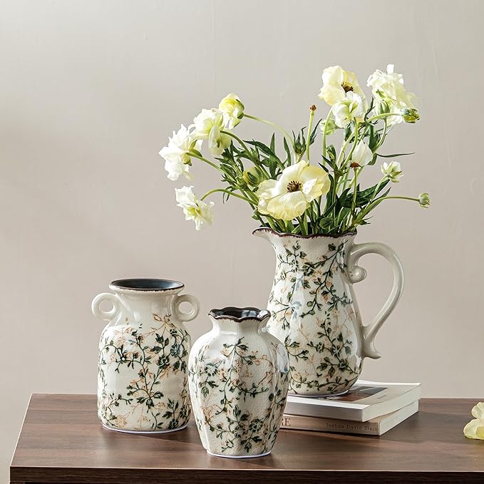 Ceramic Vases Set of 3, Green & Beige Chinoiserie Flower Pitcher Vase, Farmhouse Vintage Floral Vase Home Decor for Mantle, Fireplace, Kitchen Counter, Living Room Bookshelf Rustic Table Centerpiece