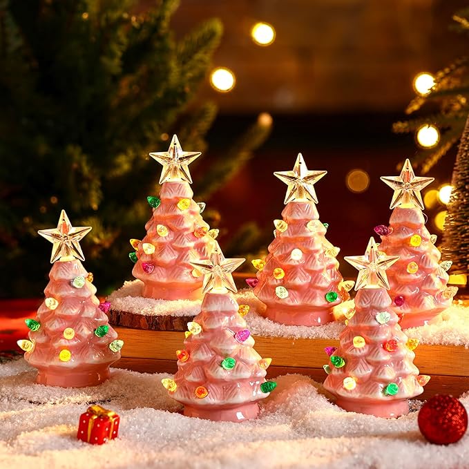 Leinuosen 6 Set Mini 4 Inch Ceramic Christmas Tree with Multicolored Lights Xmas Tree Hanging Light up Ornaments Pre Lit Hand Painted for Tabletop Home Office Table Holiday Decorations(Pink,Star)
