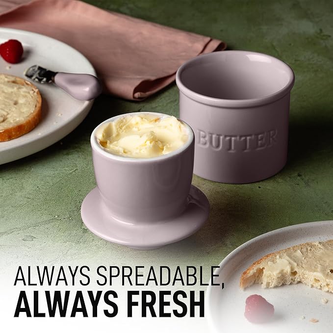 Zulay Kitchen Bell Shaped Butter Crock with Lid for Countertop with Water Line & Spreader Knife, Ceramic French Butter Dish Keeper For Fresh, Soft & Spreadable Butter - Violet Dusk