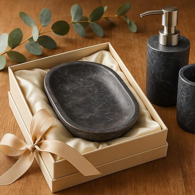 Luxury Hand-Carved Natural Charcoal Marble Soap Dish Heavy-Duty, Plastic-Free, Artisan Crafted for Bathroom Kitchen Countertop Organization, 3.8 x 5.8 x 0.9 H Inch